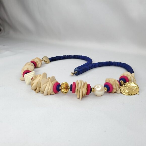 Wood Bead Necklace Blue Pink Disks Ivory Freeform Chunky Boho Tribal Jewelry 30" - Picture 3 of 4